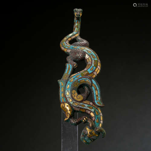 ANCIENT CHINESE BELT HOOK INLAID GOLD AND TURQUOISE