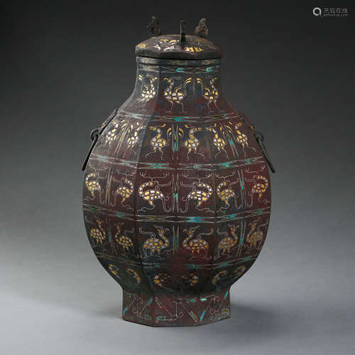 THE WARRING STATES PERIOD, ROUND BRONZE BOTTLE INLAID GOLD AND SILVER