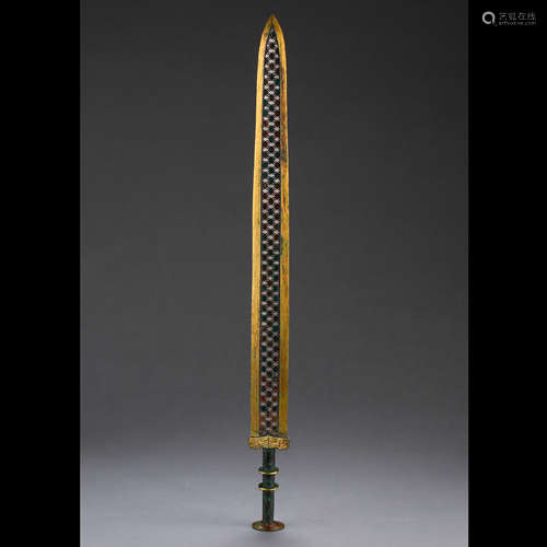 ANCIENT CHINESE BRONZE SWORD INLAID GOLD, SILVER