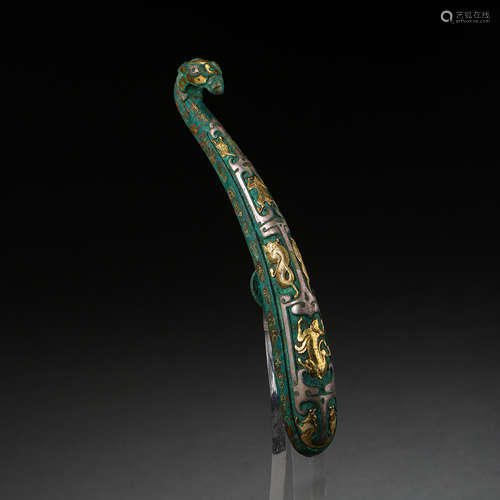 ANCIENT CHINESE BRONZE BELT HOOK INLAID GOLD AND SILVER