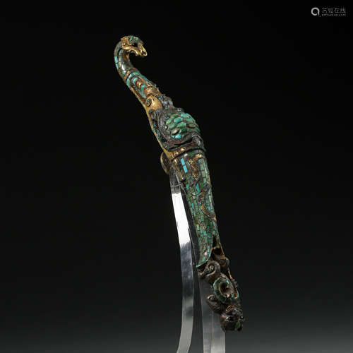 ANCIENT CHINESE BELT HOOK INLAID GOLD, SILVER AND TURQUOISE