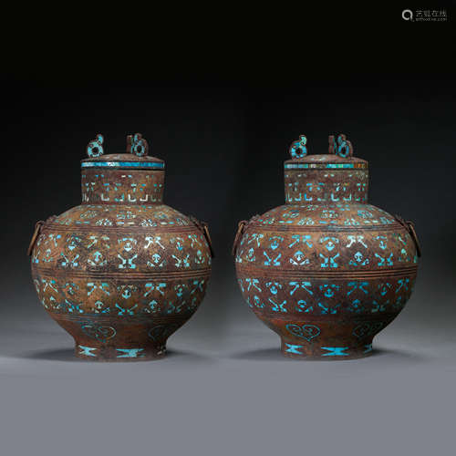 A PAIR OF ANCIENT CHINESE BRONZE POTS INLAID WITH TURQUOISE