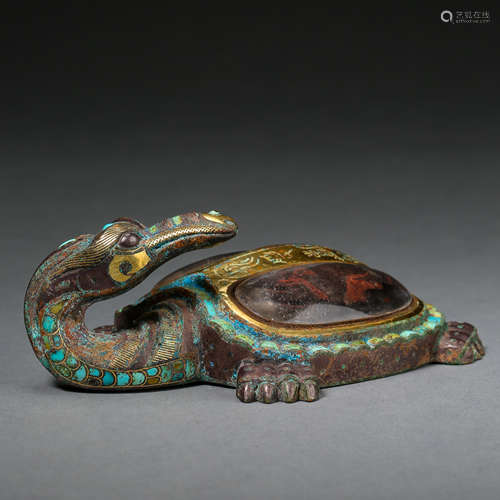 ANCIENT CHINESE PAPERWEIGHT INLAID GOLD, SILVER, CRYSTAL AND TURQUOISE