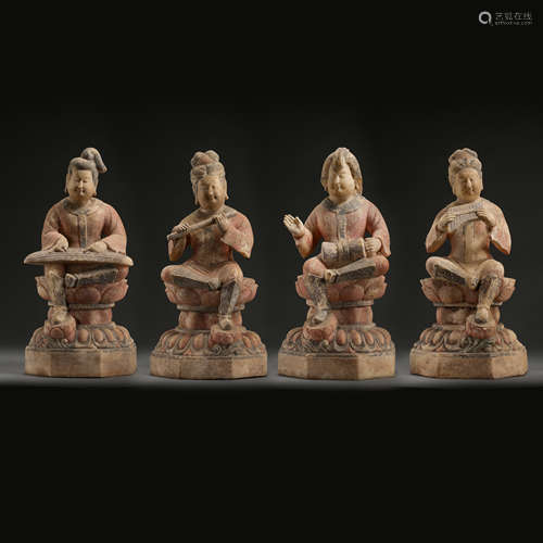 A GROUP OF ANCIENT CHINESE WHITE MARBLE CARVED DANCERS