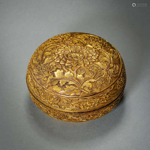 ANCIENT CHINESE GILT BRONZE ROUND BOX