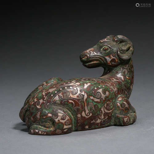 ANCIENT CHINESE BRONZE SHEEP INLAID GOLD AND SILVER