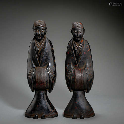 A PAIR OF ANCIENT CHINESE LACQUER LADY FIGURES