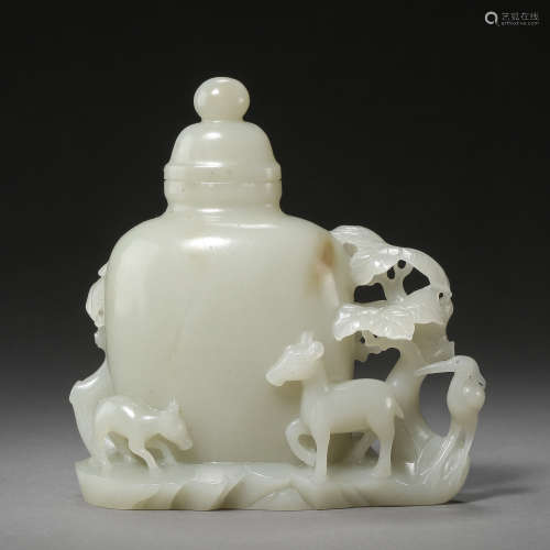 ANCIENT CHINESE HETIAN JADE BOTTLE, CARVED DEERS AND CRANE