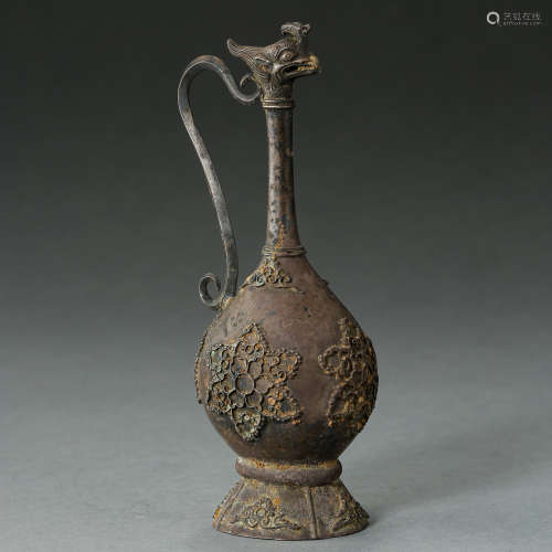 ANCIENT CHINESE STERLING SILVER POT WITH A PHOENIX HEAD FIGURE