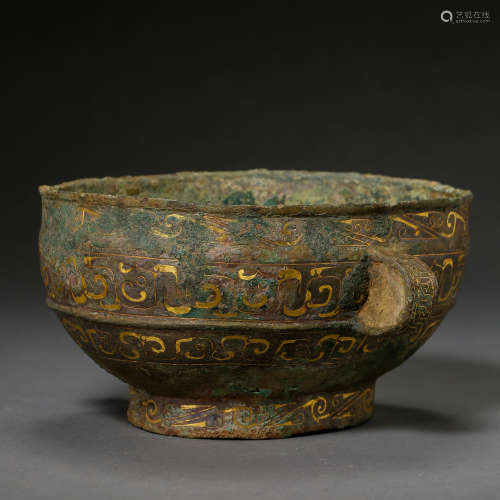 BIG ANCIENT CHINESE BRONZE CUP INLAID WITH GOLD