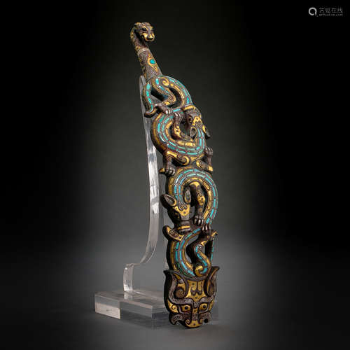 ANCIENT CHINESE BRONZE BELT HOOK INLAID TURQUOISE, GOLD AND SILVER