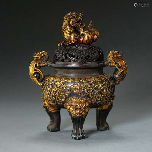 ANCIENT CHINESE BRONZE INCENSE BURNER, PARTIAL GILT