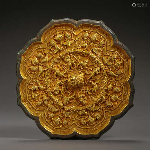 TANG DYNASTY, CHINA BRONZE MIRROR INLAID GOLD, WITH SEA BEAST AND GRAPE PATTERN