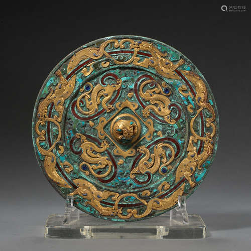 CHINA'S WARRING STATES PERIOD, BRONZE MIRROR INLAID GOLD AND TURQUOISE, AGATE, CARVED 9 DRAGONS