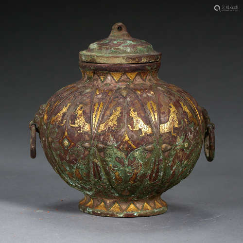 THE WARRING STATES PERIOD, A SMALL BRONZE POT INLAID GOLD