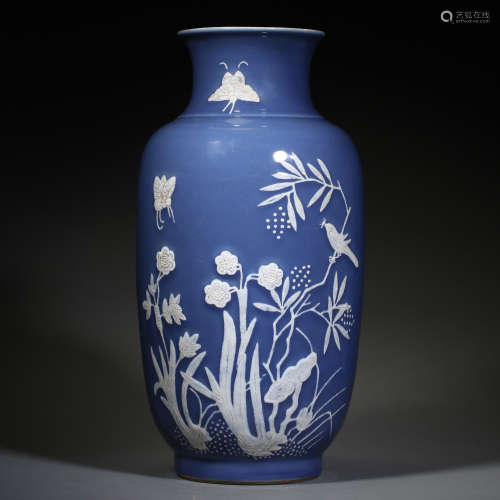 ANCIENT CHINESE BLUE GLAZED VASE WITH WHITE RELIEF