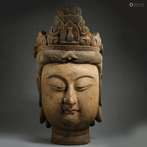 CHINESE ANCIENT WOOD CARVED BUDDHA HEAD