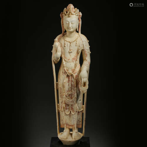 ANCIENT CHINESE WHITE MARBLE GUANYIN STATUE
