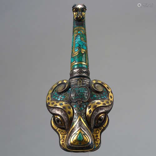 THE WARRING STATES PERIOD, BRONZE BELT HOOK INLAID GOLD, SILVER AND TURQUOISE