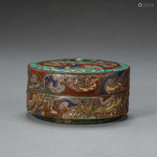 ANCIENT CHINESE ROUND BOX INLAID GOLD, SILVER,TURQUOISE, AGATE AND GEMSTONES