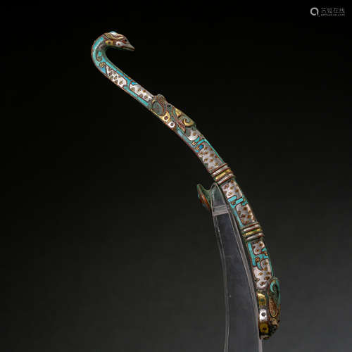 BRONZE BELT HOOK INLAID GOLD, SILVER, TURQUOISE, THE WARRING STATES PERIOD OF CHINA