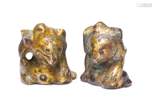 Two gilt bronze bear-form supports Han dynasty