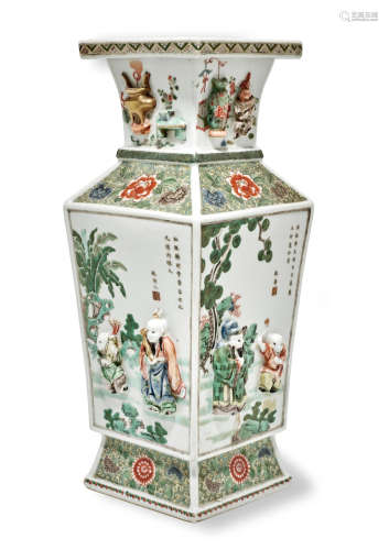 A Famille Verte Relief Molded Square Vase Kangxi period