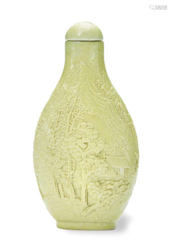 A molded and carved pale yellow-glazed porcelain SNUFF BOTTLE Huang Chengfu, Daoguang Period (1821-1850)