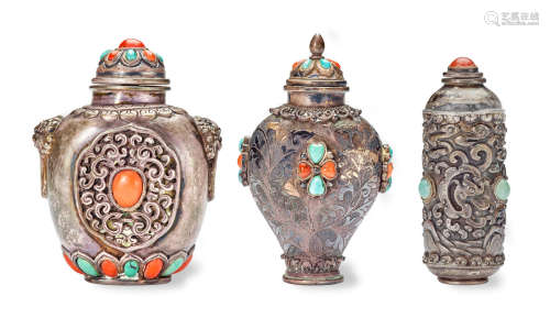THREE EMBELLISHED MONGOLIAN SILVER SNUFF BOTTLES 1800-1900