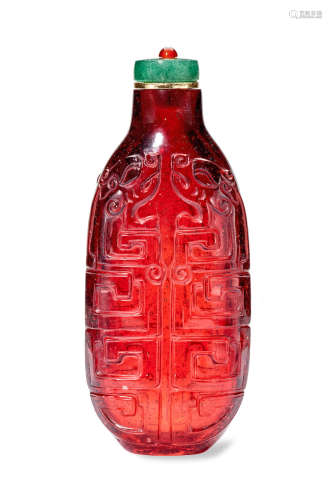A CARVED RED GLASS SNUFF BOTTLE 1780-1820