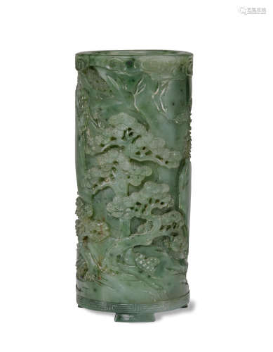 A Carved 'Landscape and Figure' Spinach Jade Brushpot 18th/19th century