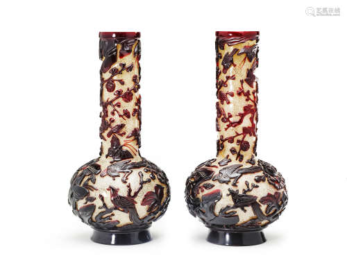 A pair of GLASS OVERLAY stickneck vases Qianlong mark, 19th century