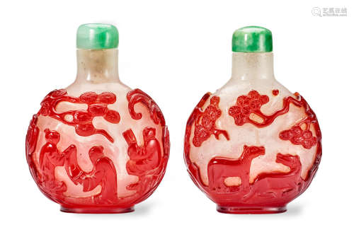 TWO RED GLASS OVERLAY SNUFF BOTTLES 1800-1900