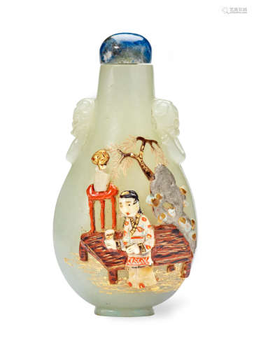 AN EMBELLISHED CELADON JADE SNUFF BOTTLE The bottle: 1780-1850, embellishment: Tsuda family, Kyoto, Japan, 20th century