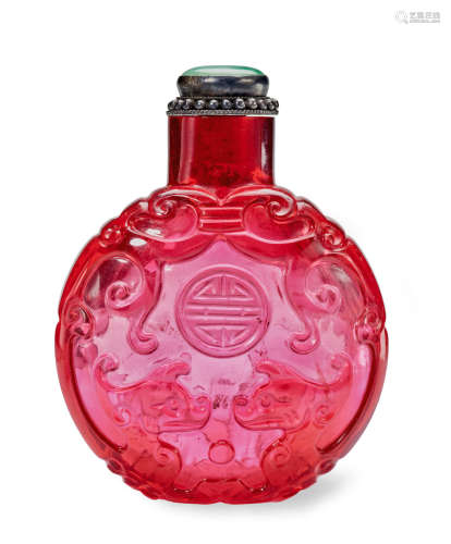 A CARVED PINK GLASS SNUFF BOTTLE 1780-1850
