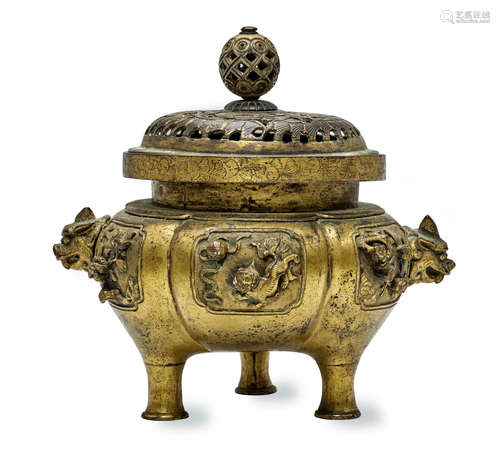 A Gilt Copper Alloy Tripod Censer and Cover 18th/19th century