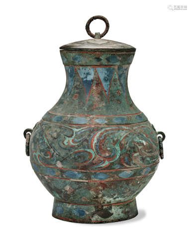A PAINTED BRONZE HU JAR AND COVER Western Han dynasty