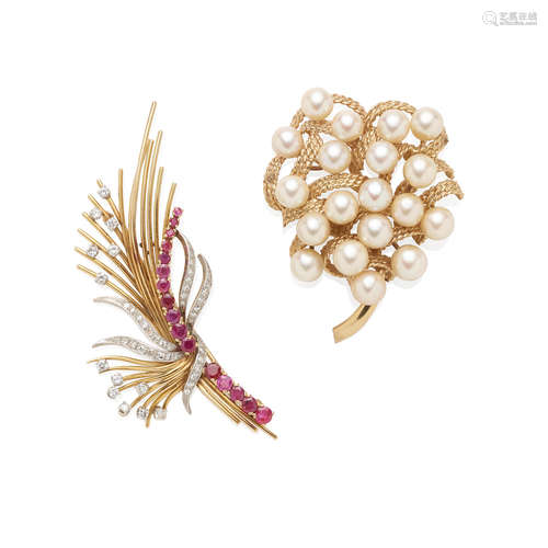 Two Gold and Gem-Set Brooches