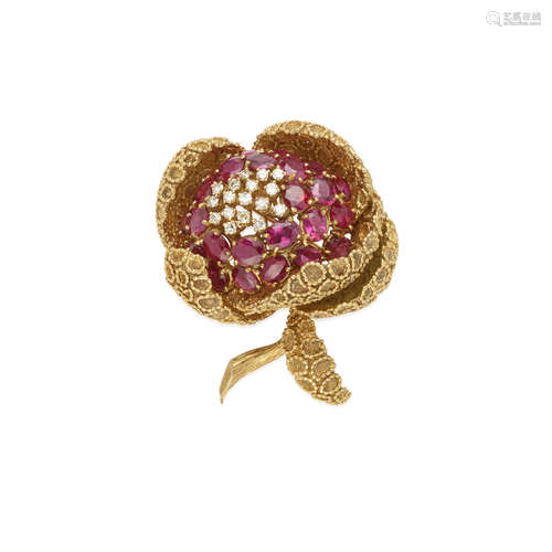 Cherny: Gold, Ruby and Diamond Flower Brooch