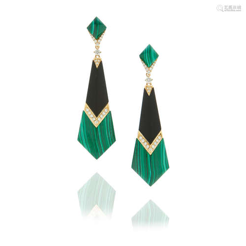 Pair of Gold, Onyx, Malachite and Diamond Pendant Ear Clips