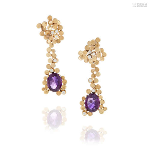 Gold, Amethyst and Diamond Pendant Ear Clips