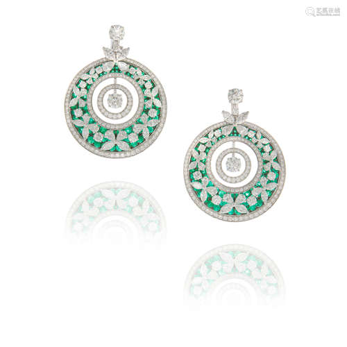 Graff: Pair of White Gold, Diamond and Emerald Earrings