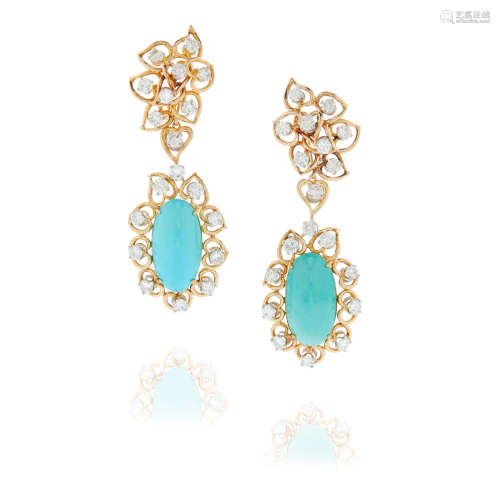 Pair of Gold, Diamond and Turquoise Pendant Ear Clips