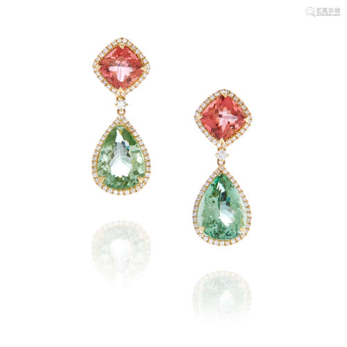 Pair of Gold, Tourmaline and Diamond Pendant Earrings