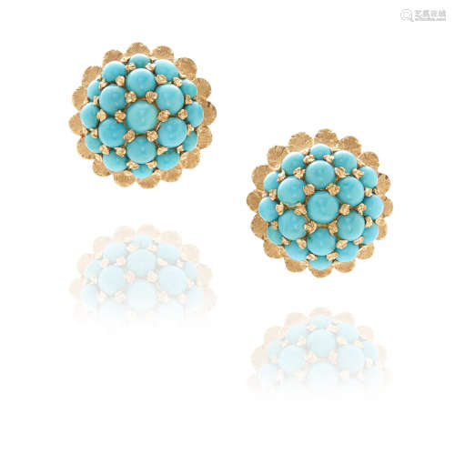 Pair of Textured Gold and Turquoise Ear Clips