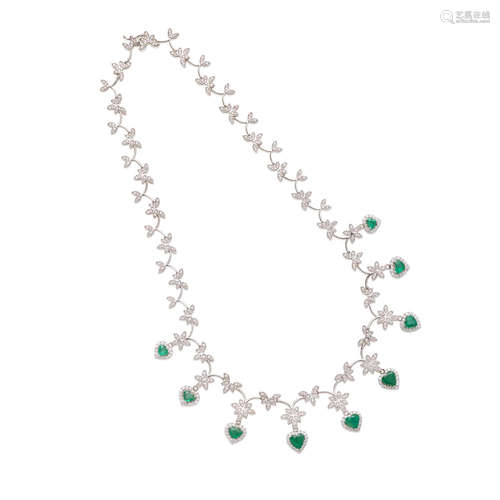 White Gold, Emerald and Diamond Necklace