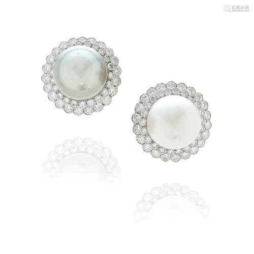 Tallarico: Pair of White Gold, Cultured Pearl and Diamond Ear Clips