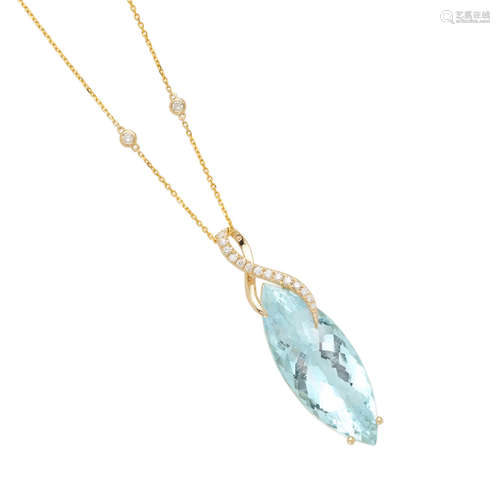 Gold, Aquamarine and DIamond Pendant Necklace