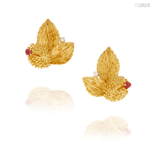 Tiffany & Co: Pair of Gold, Ruby and Diamond Ear Clips