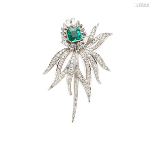 Platinum, Emerald and Diamond Brooch